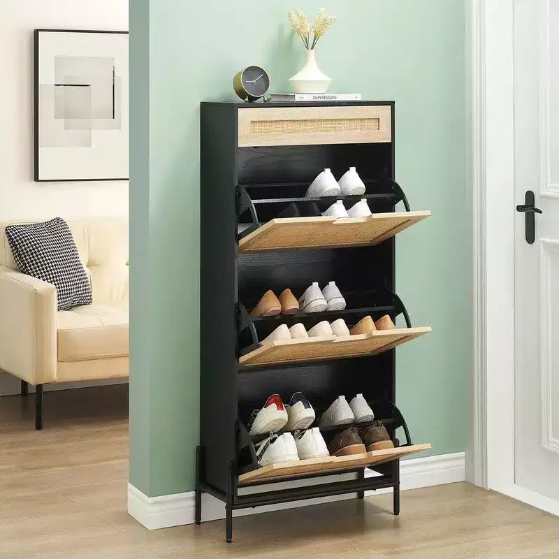Shoe Cabinet with 3 Flip Drawers and Single Drawers - Hidden Wood Rattan Shoe Storage Cabinet