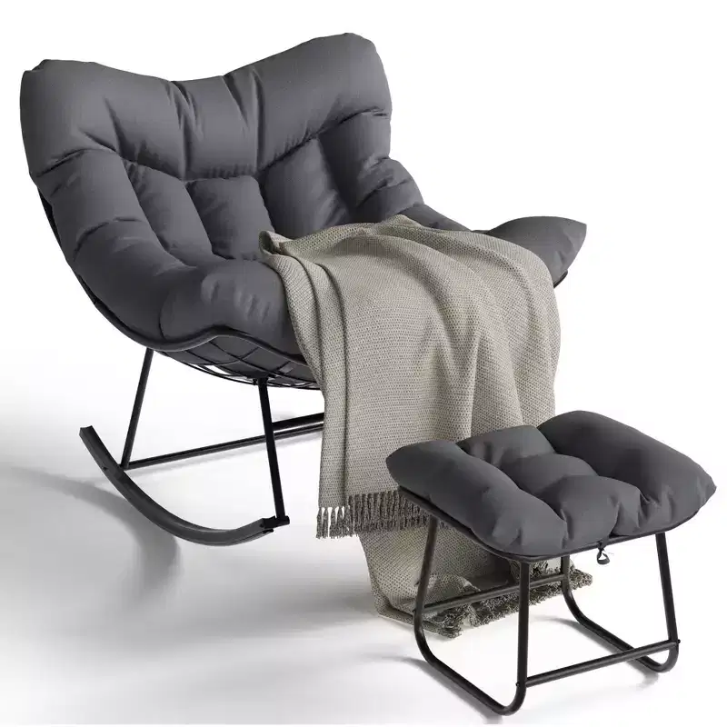 TROPOW Outdoor Papasan Rocking Chair with Ottoman, Oversized Patio Wicker Egg Chair with Soft Thick Cushio, Lounge Rocker, Comfy Reading Chairs