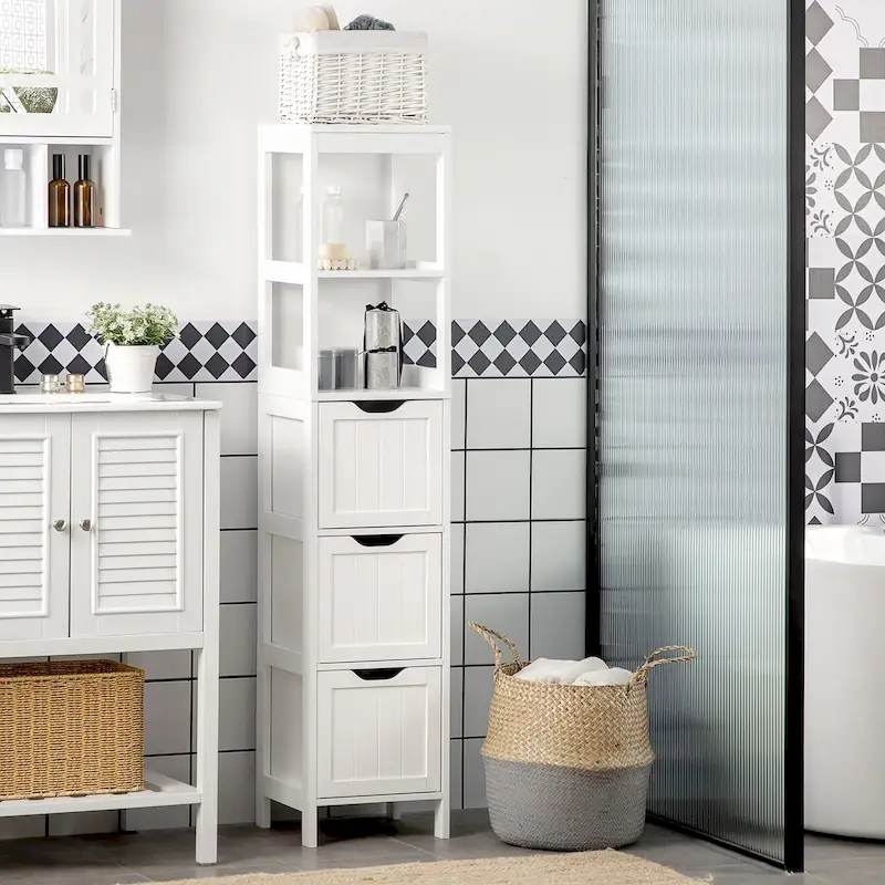 Narrow Bathroom Cabinet with 3 Drawers & 2-Tier Shelf – Slim Freestanding Linen Tower