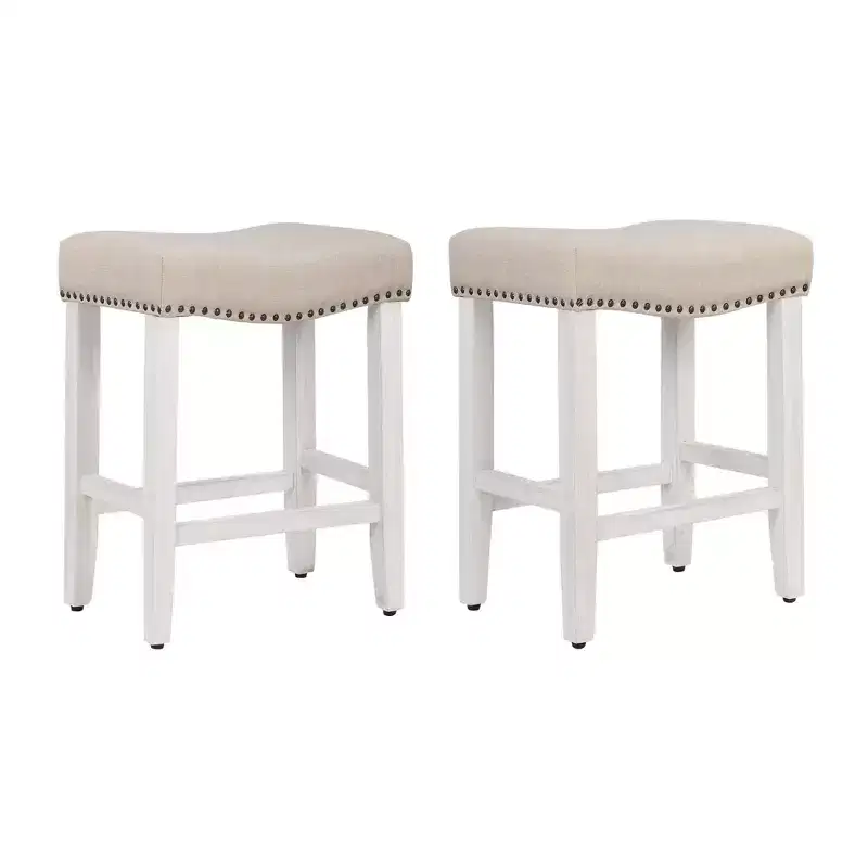 WestinTrends 24 Upholstered Saddle Seat Counter Stool (Set of 2), Antique White/Beige