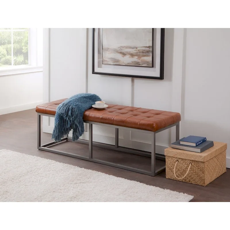 Cinnamon Brown Genuine Leather Accent Bench with Gray Metal Base - 56W