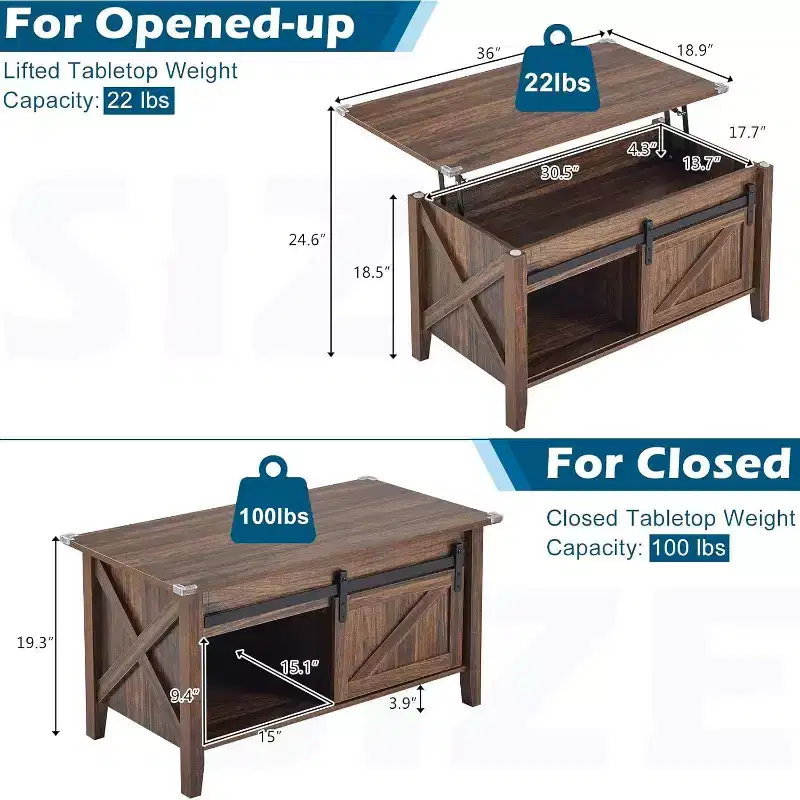 VINGLI Farmhouse Lift Top Coffee Table, Coffee Tables with Storage Shelf/Hidden Compartment, Mesa De Centro para Sala, Rustic Brown