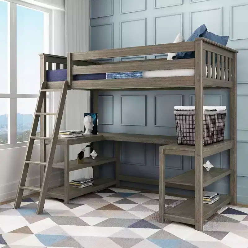 Twin High Loft Bed with Desk and Storage Shelves for Kids - Solid Pine, 400 lb Capacity