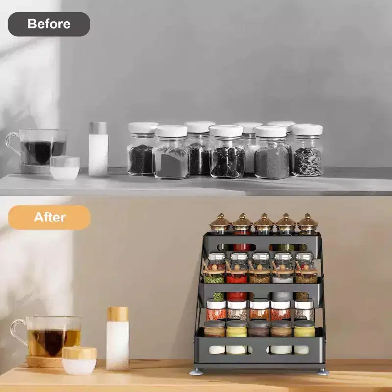 3-Tier Spice Rack Standing - No-Drill Adjustable Black Spice Rack, 30x34.5x27.5cm