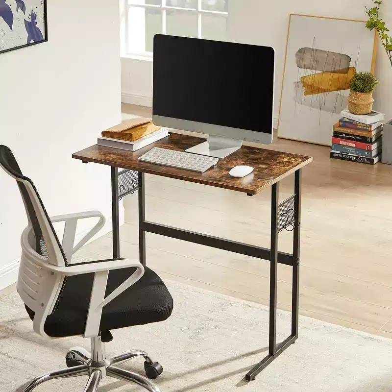 VECELO 32/44 in. Small Computer Desk, Wooden Writing Study Work Desk with Storage & Hook for Home or Bedroom, Brown
