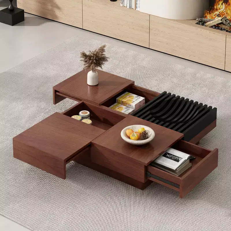 Italian Retro Style Acacia Wood Storage Coffee Table, Brown-black color