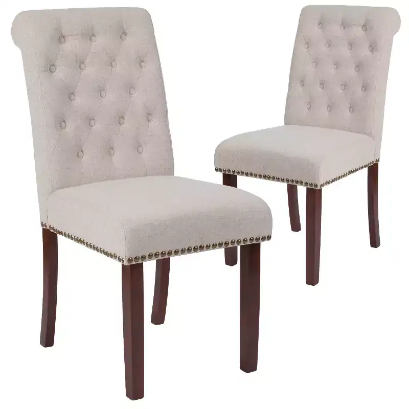 Emma and Oliver 2 PK Upholstered Rolled Back Parson's Chair with Nailhead Trim & Finished Frame with Plastic Floor Glides