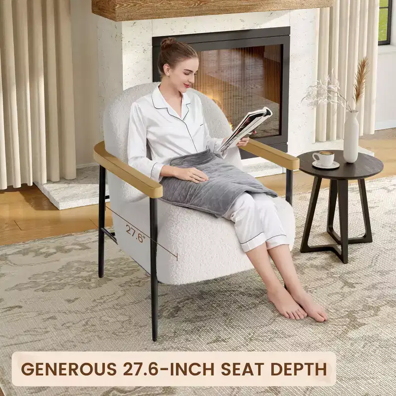 Modern Accent Chair, White Comfy Chair with Teddy Fabric, Wood Arms, Metal Frame & Adjustable Feet, Mid Century Modern Chair for Living Room