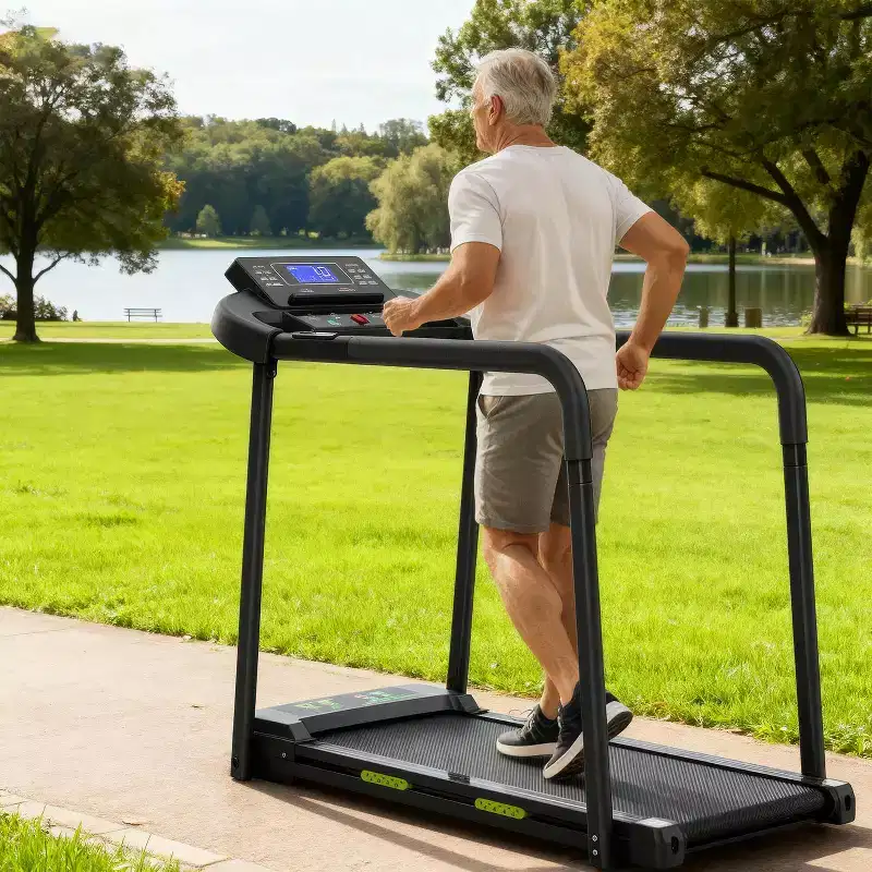 Foldable Walking Pad Treadmill for Seniors, Safe Stable Design with Long Handrail, Large LED Display, 300Lbs Weight Capacity