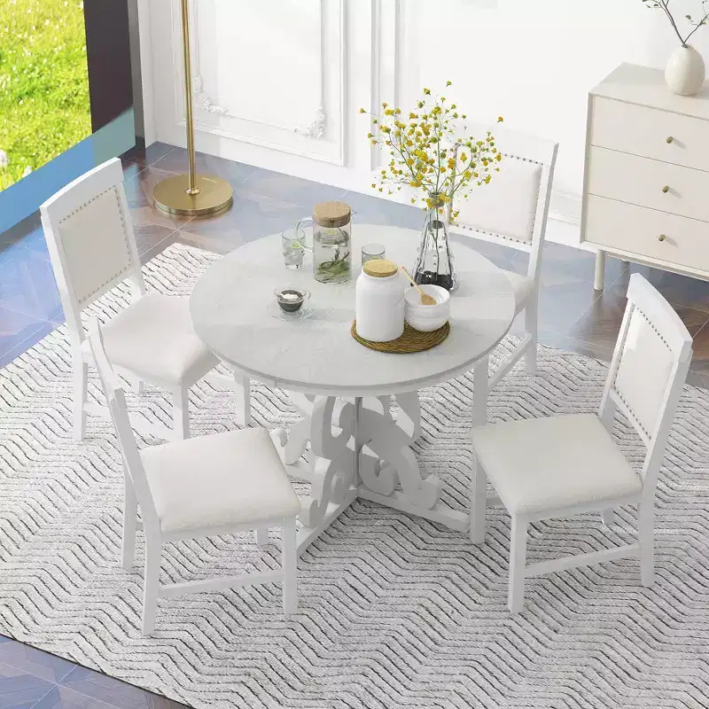 Whisen Retro 5 Piece Extendable Dining Set with 16-inch Leaf and 4 Upholstered Chairs