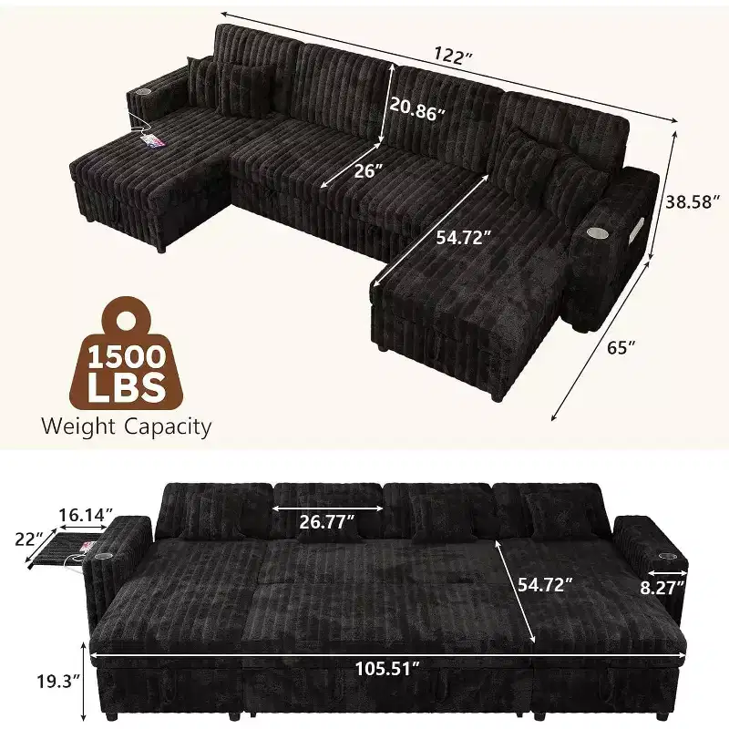 MooxvMoo 122 U-Shaped Sleeper Sofa with Storage,Side Table,USB Ports&Cup Holders Jet,Convertible Couch Featuring Pull-Out Bed,Adjustable Backrest