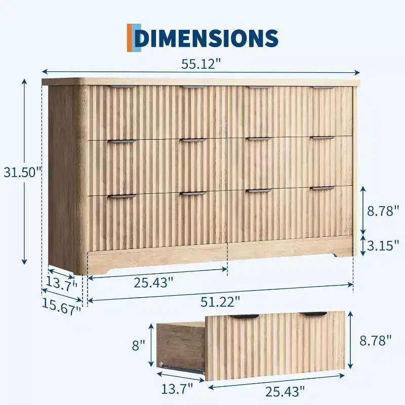 GustoWave Grooved 6 Drawer Dresser, Sturdy Clothing Storage, Natural Wood