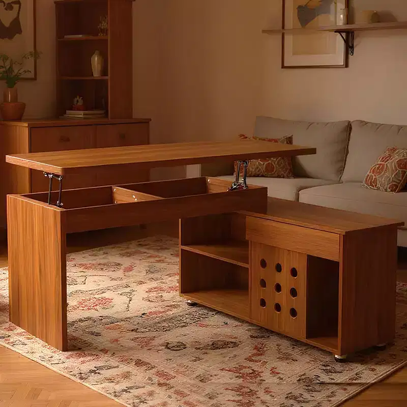 Okak 55.1IN Home Office Desks with Storage Shelves, L Shaped Desk with Adjustable Height, Folding Table for Living Room, Bedroom, Study, Walnut