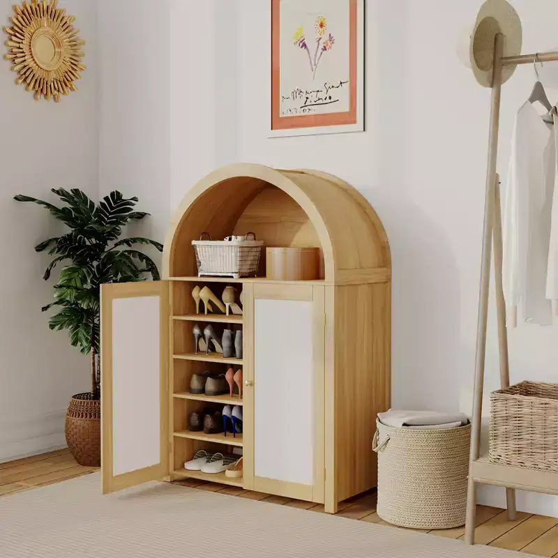 Arched Shoe Cabinet with Doors & Shelves, 5-Tier Rattan Shoes Rack Organizer Cabinet with Adjustable Shelves for Entryway, Closet, Living Room