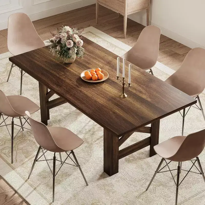 71 Large Dining Table for 6-8, Farmhouse Wooden Kitchen Table with Sturdy Triangular Legs, Thick Rectangle Tabletop, Heavy-Duty Base for Dining Room