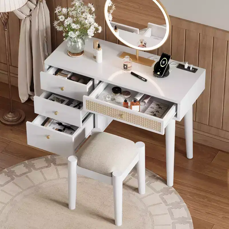 Vintage Wooden Vanity Table with 2 Power Outlets & 2 USB Ports, Bedroom Makeup Desk with Rattan Drawer, 3 Storage Drawers, and Padded Stool