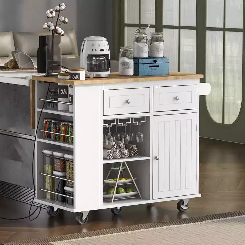 39.8in. L x 33.7in. H Kitchen Island Storage with Drop Leaf & Wine Rack & Adjustable Storage in White