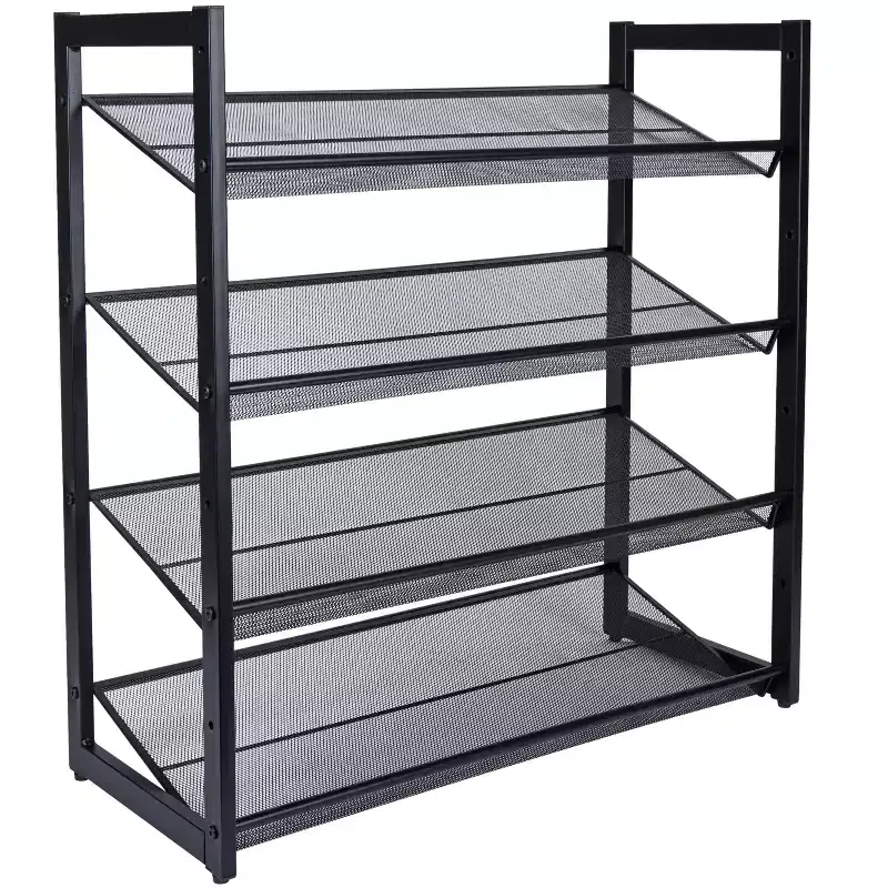 4 Tier Shoe Rack Organizer with Mesh Black: Iron Frame, Holds 16 Pairs, Freestanding, 29.8" Depth
