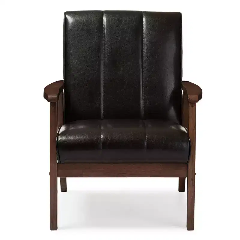 Nikko Mid - Century Modern Scandinavian Style Faux Leather Wooden Lounge Chair - Dark Brown - Baxton Studio
