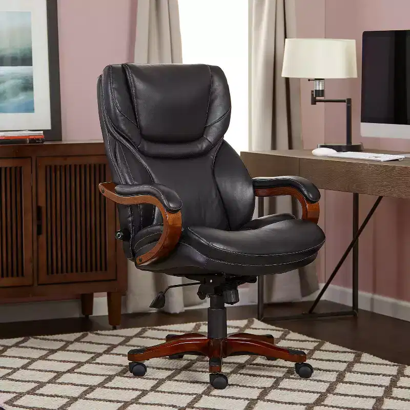 Executive Office Chair in Black Bonded Leather - Serta: High-Density Foam, Fixed Arms, Wood Frame