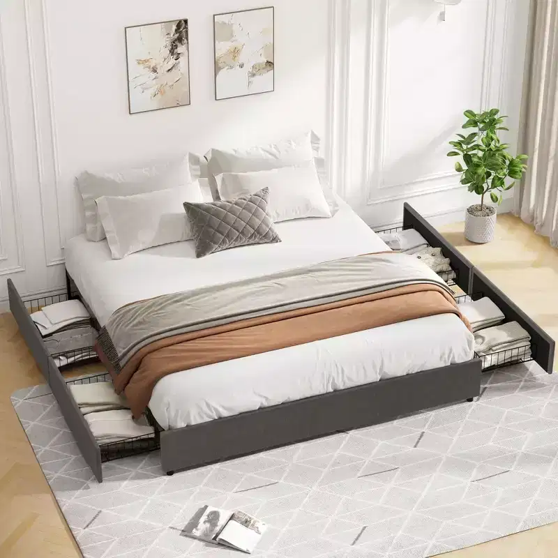 Bed Frame with 4 DrawersFabric Upholstered, Easy Assembly