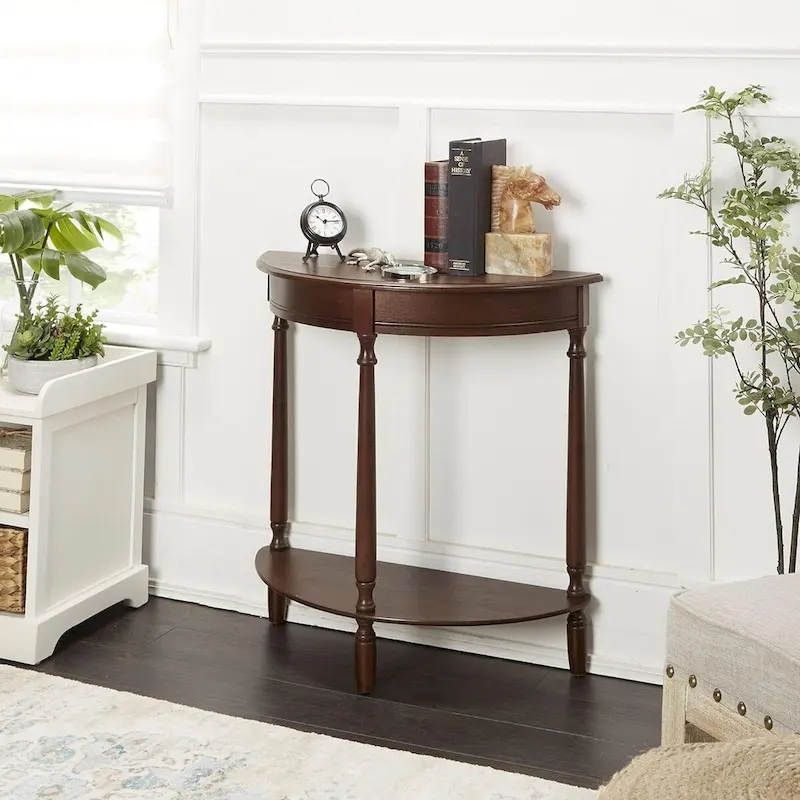 Simplify Half Round Accent Table, Walnut, 28.25w 11.8d 28.25h
