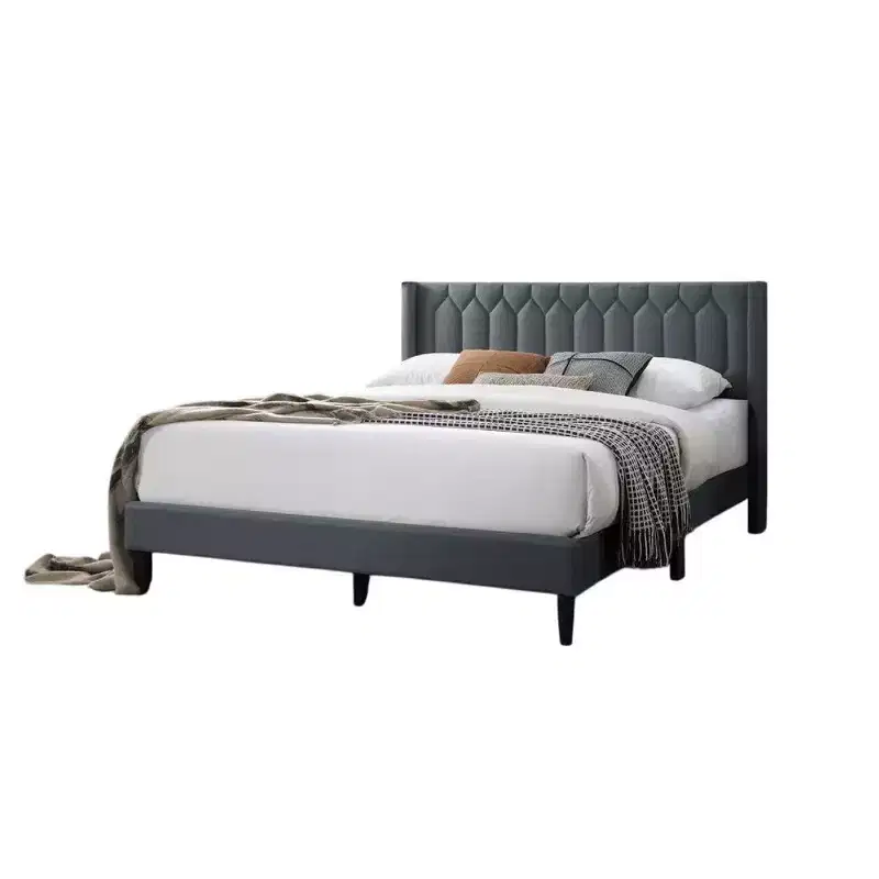 Queen Size Bed with Geometric Stitched Charcoal Gray Burlap Upholstery, Platform Bed