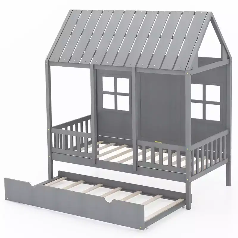 Twin Size House Bed with Trundle Fence Decoration Wooden Windows Tall Roof Gray