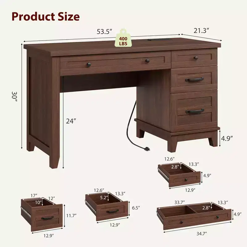 53.5 Farmhouse Executive Desk with Charging Station, Adjustable File Cabinet & Drawers, Distressed Wood Office Desk for Home Work,Study