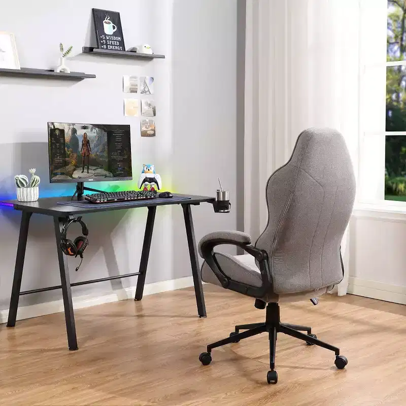 Swivel Gaming Chair Gray Upholstered Computer Desk Chair Adjustable Fixed Arms
