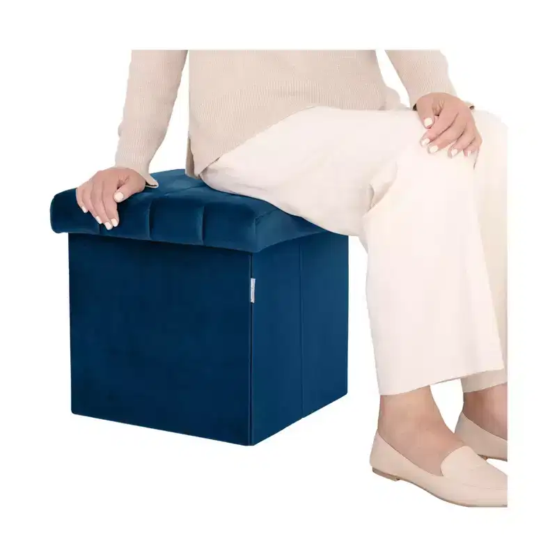 Seville Classics Blue Velvet Cushioned Accent Storage Ottoman