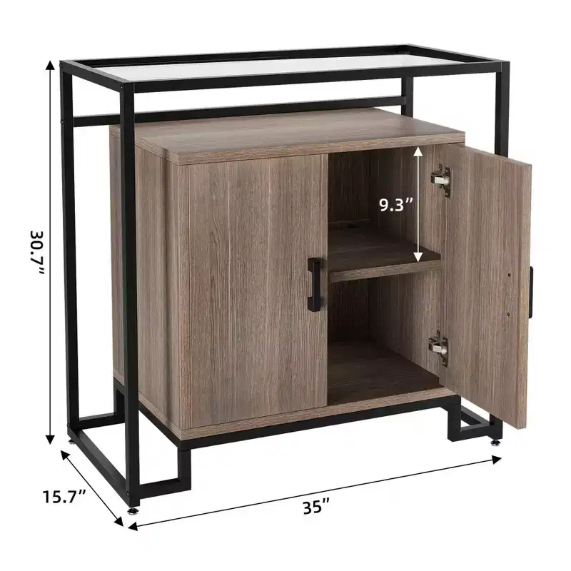 Three-Layer Wood Cabinet with Tempered Glass, Buffet Cabinet with with Black Steel Frame, Brown