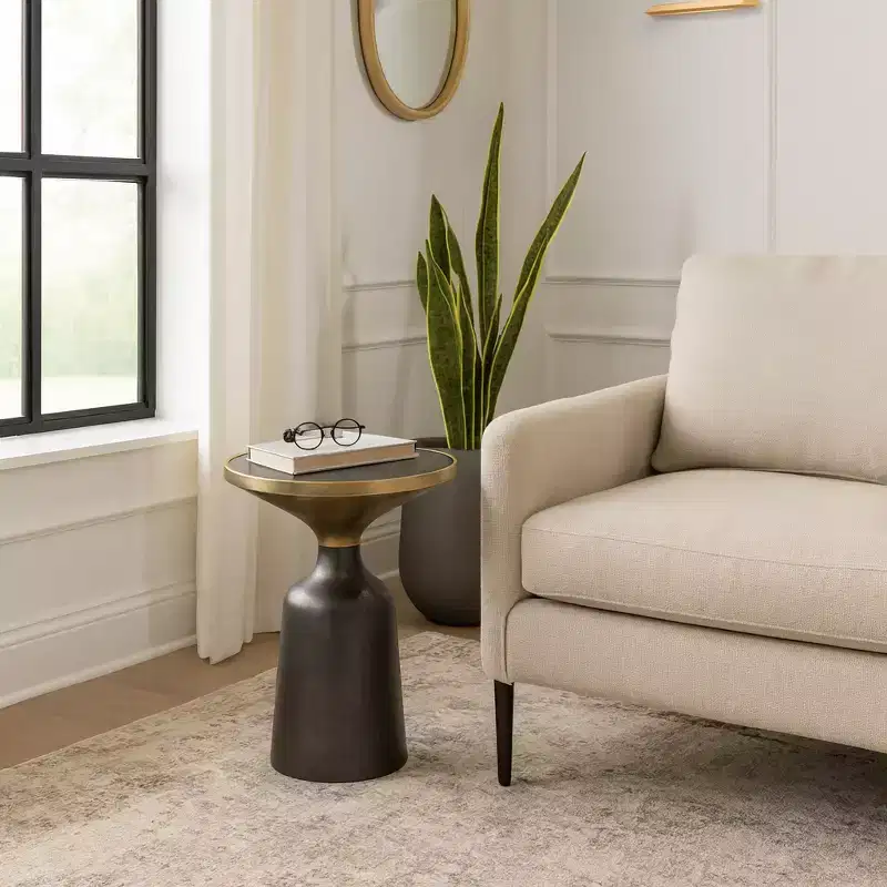 Marble Top Metal Accent Table - Round Side Table for Living Room, Bedroom & Small Spaces