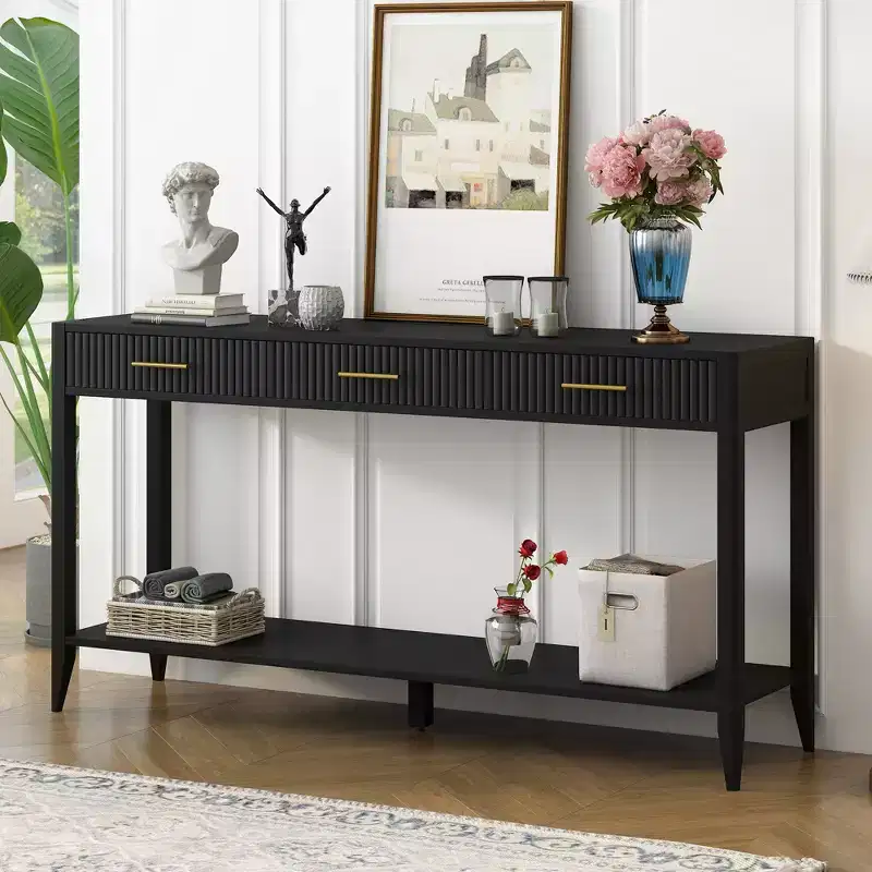 60 Inch Console Table with 3 Wavy Drawers, Modern Entryway Table with Metal Handles and Storage Shelf
