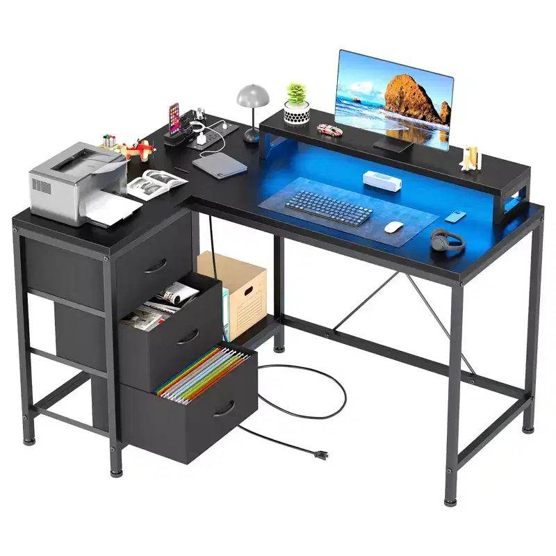 L-Shaped Gaming Desk (47.3)  Reversible Corner Desk with 3 Drawers, Power Outlets & USB Port for Home Office (1-Pack)