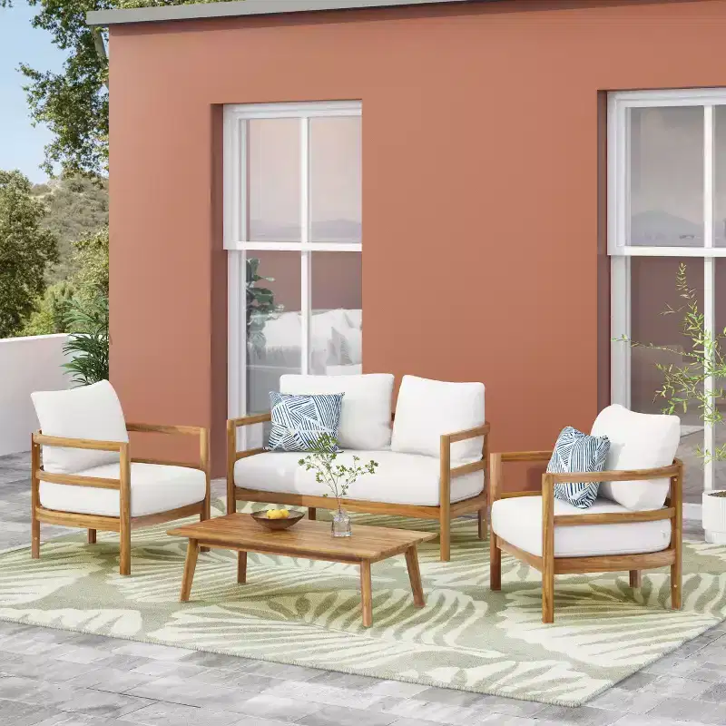 Christopher Knight Home Aggie Outdoor Acacia Wood 4 Seater Chat Set with Cushions, Teak/White