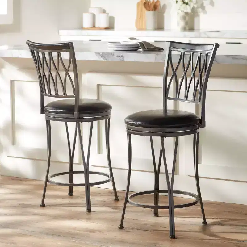 Elm Lane Dominick Black Metal Swivel Bar Stools Set of 2 24 1/2 High Traditional Round Upholstered Cushion with Backrest Footrest for Kitchen Counter