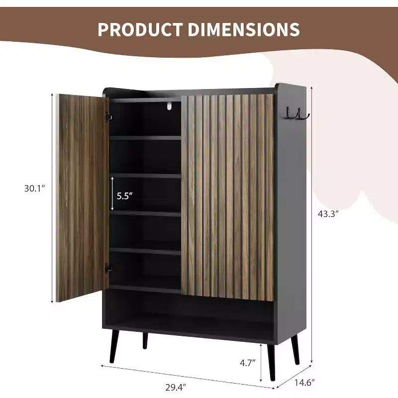 COZONY Large Shoe Cabinet with Doors, 6-Tier Shoe Organizer with Storage Hooks, Freestanding Entryway Storage for Hallway Living Room