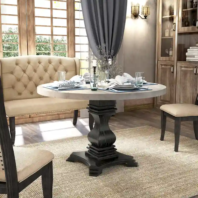White & Antique Black Pedestal Dining Table, Seats 4