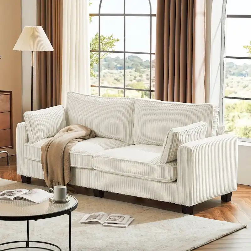 Beige / Yellow / Dark Grey / Dark Blue Corduroy 3-Seater Sofa with Wood Legs