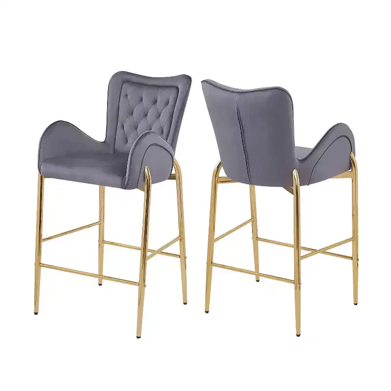Set of 2 Counter Height Bar Stools with Golden Metal Frame, Velvet Tufted Stools -ModernLuxe