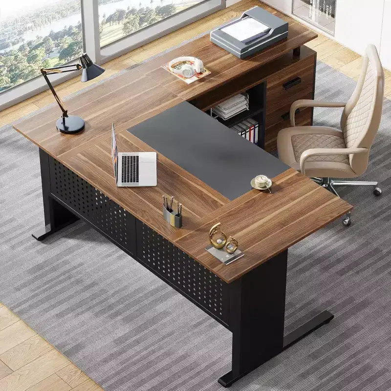 63 Inch L-Shaped Executive Desk with File Cabinet and Drawers for Home Office, Brown and Black