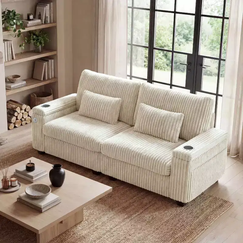91 Modern Loveseat Sofa with Storage Armrests for Living Room, Corduroy 2 Seater Sofa with Side Pockets/USB Charging & Cup Holders Deep Seat