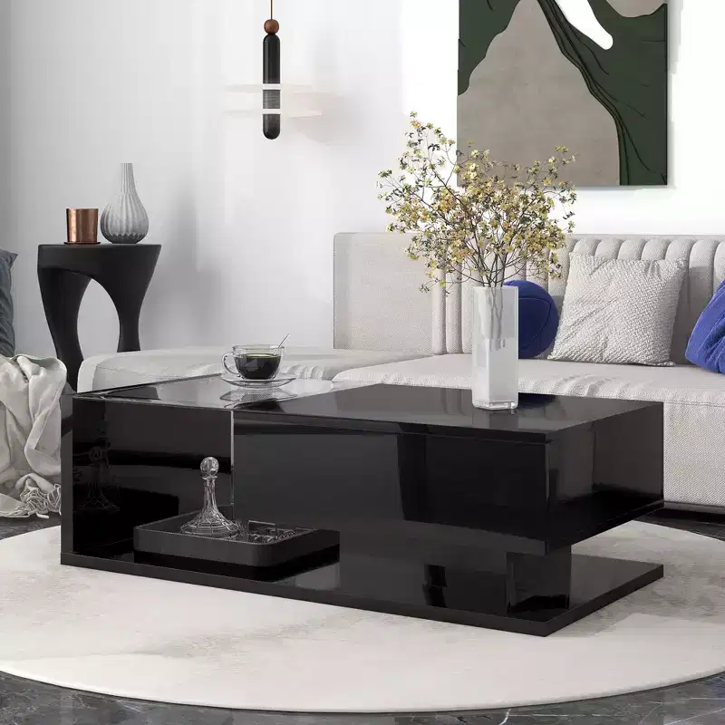 Modern Glass Coffee Table with Tempered Glass Top for Living Room, Black