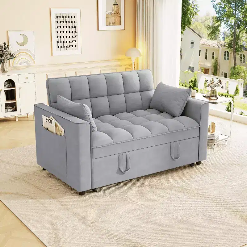 Velvet Sleeper Sofa with Pull-Out Bed, Side Pockets & Pillows for Small Spaces, Light Gray