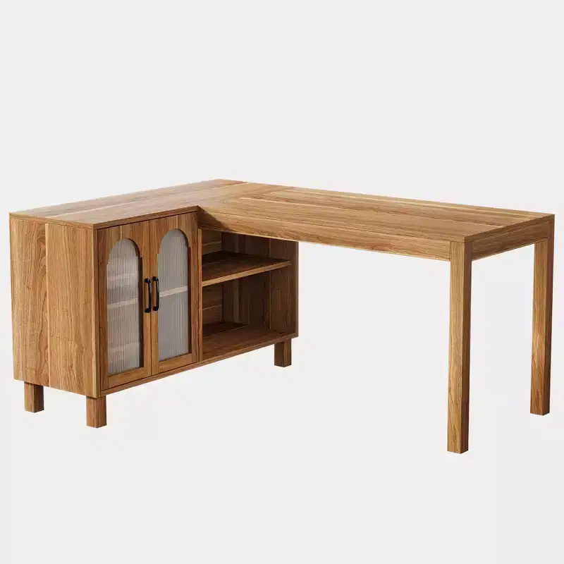 59 Inch L-Shaped Computer Desk with Cabinet and Open Shelves