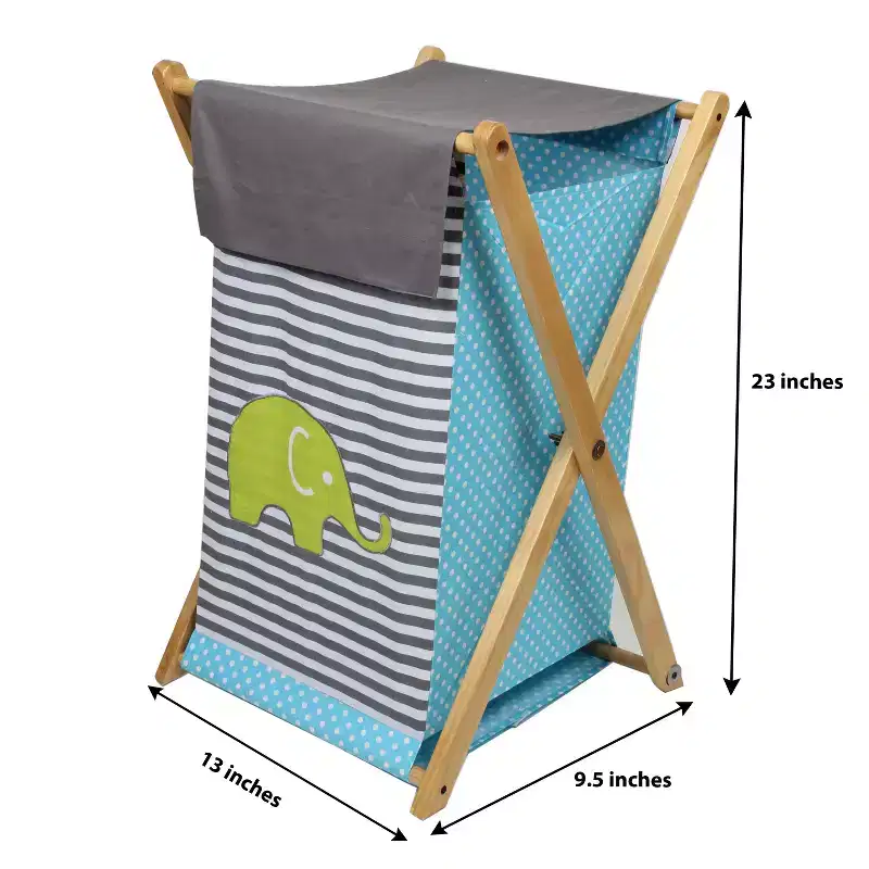 Elephants Aqua/Lime/Gray Laundry Hamper with Wooden Frame