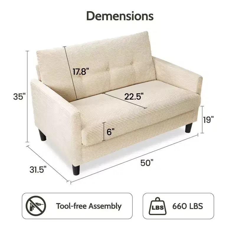 Dyonery 50 Small Loveseat Sofa Small Couch for Living Room, Bedroom, Office, Comfy Love Seat with Deep Seat Spring Cushion