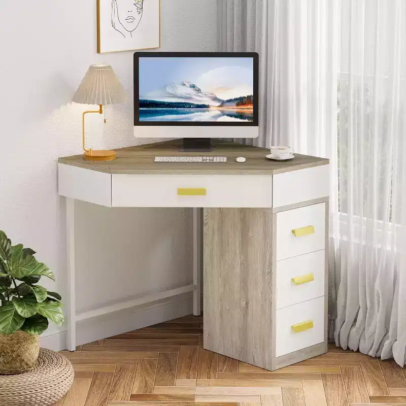 Lantine Corner Desk, Triangle Computer Desk with 3 Drawers for Home Office, 90-Degree Makeup Vanity Desk for Living Room, Bedroom
