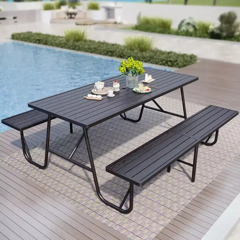 Captiva Designs Outdoor Wood Grain Dining Set with A Shaped Frame Design & Umbrella Hole